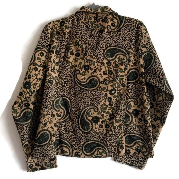 Vintage Tan Green Black Cropped Long Sleeve Top Paisley Leopard Print Size Large - Picture 2 of 7